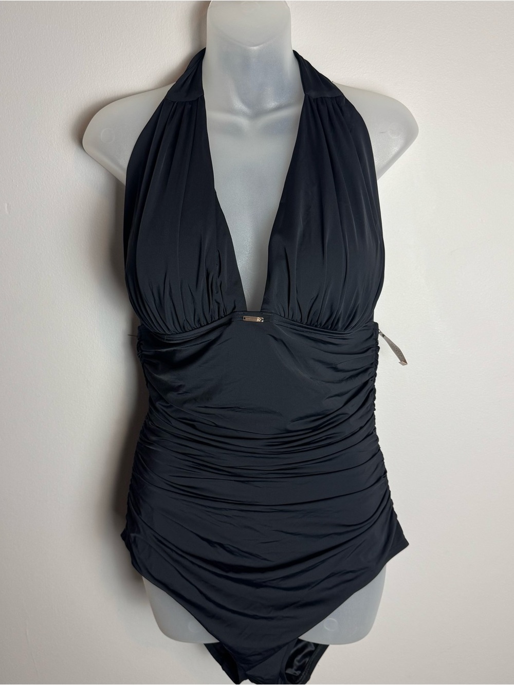 NWT Victoria's Secret Black Halter Plunge Ruched One-Piece Swimsuit Size XL